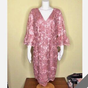 NWT Adrianna Papell Bell Sleeve Floral Embroidery Sheath Dress Rose 14